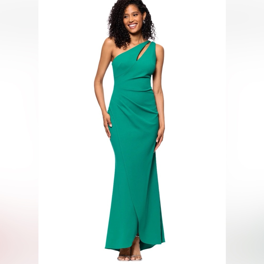 Betsy & Adam “True” Long One Shoulder Side Ruche Dress